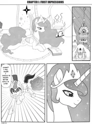 Size: 2550x3433 | Tagged: safe, artist:darkstorm mlp, derpibooru import, princess celestia, alicorn, pony, comic:friendship reborn, book, canterlot castle, comic, ethereal mane, hoof shoes, japanese reading order, prone, royal guard, starry mane