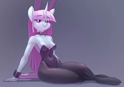 Size: 3508x2480 | Tagged: suggestive, artist:underpable, derpibooru import, oc, oc:lemon code, unofficial characters only, anthro, unguligrade anthro, unicorn, absolute cleavage, anthro oc, armpits, blushing, bowtie, breasts, bunny ears, bunny suit, cleavage, clothes, commission, cuffs (clothes), female, glasses, leotard, looking at you, mare, pantyhose, playboy bunny, simple background, smiling, smirk, solo, solo female