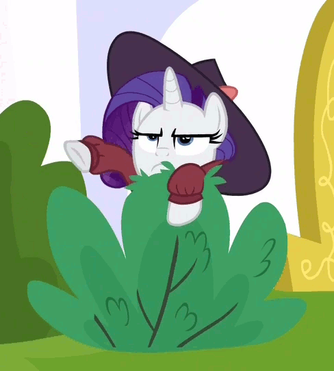 Size: 488x542 | Tagged: safe, derpibooru import, screencap, rarity, pony, unicorn, sparkle's seven, animated, bush, bushicorn, clothes, cropped, detective rarity, female, gif, hat, lurking, mare, perfect loop, serious, serious face, solo, waving