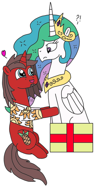 Size: 1168x2264 | Tagged: safe, artist:supahdonarudo, derpibooru import, princess celestia, oc, oc:ironyoshi, pony, box, clothes, excited, exclamation point, heart, holding, pony in a box, present, question mark, shirt, simple background, transparent background