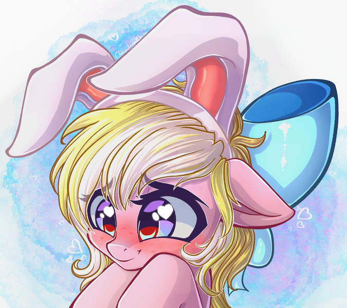 Size: 3373x3000 | Tagged: safe, artist:chaosangeldesu, derpibooru import, oc, oc:bay breeze, unofficial characters only, pegasus, pony, blushing, bow, bunny ears, commission, cute, daaaaaaaaaaaw, female, hair bow, heart eyes, mare, ocbetes, simple background, wingding eyes, ych result