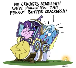Size: 6782x6072 | Tagged: safe, artist:bobthedalek, derpibooru import, starlight glimmer, trixie, pony, unicorn, a grand day out, duo, facehoof, female, headphones, mare, rocket, simple background, that pony sure does love peanut butter crackers, toy interpretation, trixie's rocket, trixie's wagon, wallace and gromit, white background