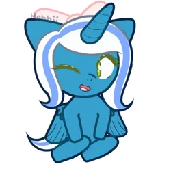 Size: 500x500 | Tagged: adorabelle, alicorn, alicorn oc, artist:shiibaweeba, bow, chibi, cute, derpibooru import, female, hair bow, happy, horn, mare, mouth, oc, oc:fleurbelle, one eye closed, pink bow, ribbon, safe, wings, wink, yellow eyes