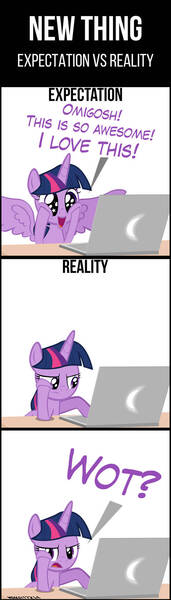 Size: 478x1673 | Tagged: safe, artist:mrkat7214, derpibooru import, twilight sparkle, twilight sparkle (alicorn), alicorn, pony, comic:twilight vs. computer, comic, computer, laptop computer, looking at you, solo, squishy cheeks, starry eyes, twilight is not amused, unamused, wingding eyes