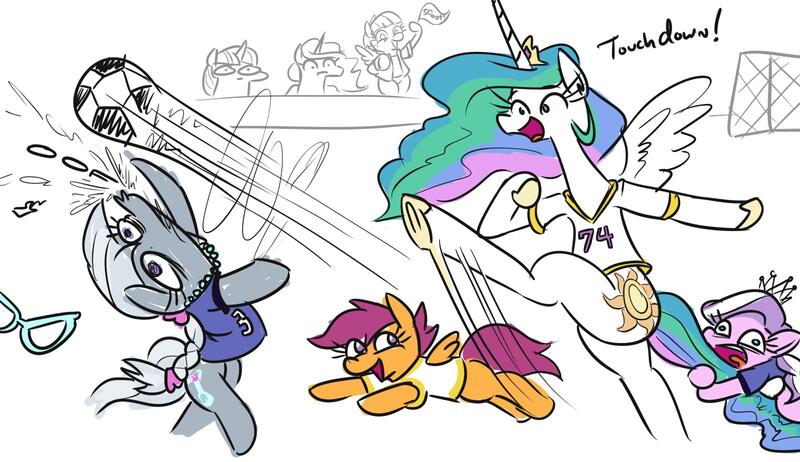 Size: 1600x924 | Tagged: safe, artist:jargon scott, derpibooru import, diamond tiara, princess celestia, princess luna, scootaloo, silver spoon, twilight sparkle, windy whistles, alicorn, earth pony, pegasus, pony, unicorn, 3, bipedal, clothes, dialogue, female, filly, football, glasses, goal, hoof shoes, hug, jersey, kicking, mare, oof, silverbuse, simple background, sports, this ended in pain, touchdown, white background