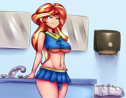 Size: 1952x1515 | Tagged: suggestive, artist:drizziedoodles, artist:reiduran, color edit, derpibooru import, edit, sunset shimmer, human, equestria girls, bathroom, belly button, breasts, busty sunset shimmer, cheerleader, cheerleader outfit, clothes, colored, confident, female, freckles, humanized, midriff, miniskirt, misleading thumbnail, mobile phone, phone, pleated skirt, sexy, sink, skirt, smartphone, smiling, smirk, solo, solo female, stupid sexy sunset shimmer, thighs, underboob