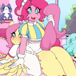 Size: 1200x1200 | Tagged: suggestive, artist:tolsticot, derpibooru import, fluttershy, pinkie pie, anthro, earth pony, pegasus, plantigrade anthro, art pack:the p.h.u.n pack, animated, apron, ass, blushing, bottomless, butt, butt bongo fiesta, butt jiggle, clothes, eyes on the prize, female, floppy ears, flutterbutt, flutterpie, frame by frame, gif, gloves, happy, image, indoors, jiggle, lesbian, looking at you, mare, open mouth, partial nudity, pillow, plushie, pouting, shipping, smack dat ass, socks, spanking, stockings, tail, tail lift, tail pull, thigh highs