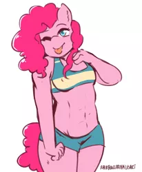 Size: 2019x2451 | Tagged: suggestive, artist:rainbowsprinklesart, derpibooru import, pinkie pie, anthro, earth pony, abs, belly button, breasts, clothes, delicious flat chest, female, mare, midriff, one eye closed, pinkie flat, shorts, simple background, small breasts, solo, solo female, sports bra, sports shorts, tongue out, white background, wink