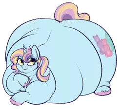 Size: 650x598 | Tagged: safe, artist:lulubell, derpibooru import, oc, oc:gummy galore, pony, unicorn, belly, big belly, butt, fat, female, freckles, huge belly, huge butt, impossibly large belly, impossibly large butt, large butt, mare, morbidly obese, obese, simple background, smiling, solo, transparent background, wide hips