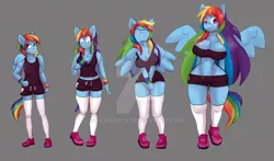 Size: 1024x602 | Tagged: anthro, artist:peribooty, breast expansion, breasts, busty rainbow dash, cleavage, clothes, dead source, derpibooru import, deviantart watermark, erect nipples, expansion, eyes closed, female, gray background, growth, hair growth, midriff, nipple outline, obtrusive watermark, plantigrade anthro, rainbow dash, sequence, shoes, shorts, simple background, smiling, sneakers, socks, solo, solo female, standing, suggestive, tail, teeth, thigh expansion, thigh highs, thighs, watermark, wings, wristband