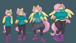 Size: 1024x584 | Tagged: dead source, suggestive, artist:peribooty, derpibooru import, fluttershy, anthro, bat pony, plantigrade anthro, belly button, big breasts, blushing, boots, breast expansion, breasts, busty fluttershy, clothes, commission, covering face, deviantart watermark, erect nipples, expansion, female, flutterbat, growth, hair growth, huge breasts, leggings, nipple outline, obtrusive watermark, race swap, sequence, shoes, simple background, smiling, solo, solo female, standing, sweater, tail, thigh expansion, thighs, torn clothes, watermark, wings