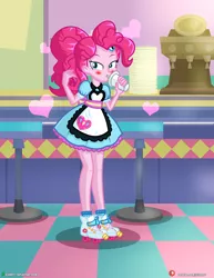 Size: 1500x1942 | Tagged: safe, artist:dieart77, derpibooru import, pinkie pie, coinky-dink world, eqg summertime shorts, equestria girls, blushing, cafe, carhop, clothes, cup, cute, drink, drinking, female, heart, rollerblades, server pinkie pie, solo, stool, straw, waitress