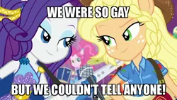 Size: 700x394 | Tagged: safe, derpibooru import, screencap, applejack, pinkie pie, rainbow dash, rarity, equestria girls, equestria girls series, rollercoaster of friendship, caption, cowboy hat, cute, drums, female, guitar, hat, huckleberry hound, image macro, keytar, lesbian, lidded eyes, microphone, musical instrument, ponied up, rarijack, shipping, shipping fuel, stetson, super ponied up, text, the simpsons