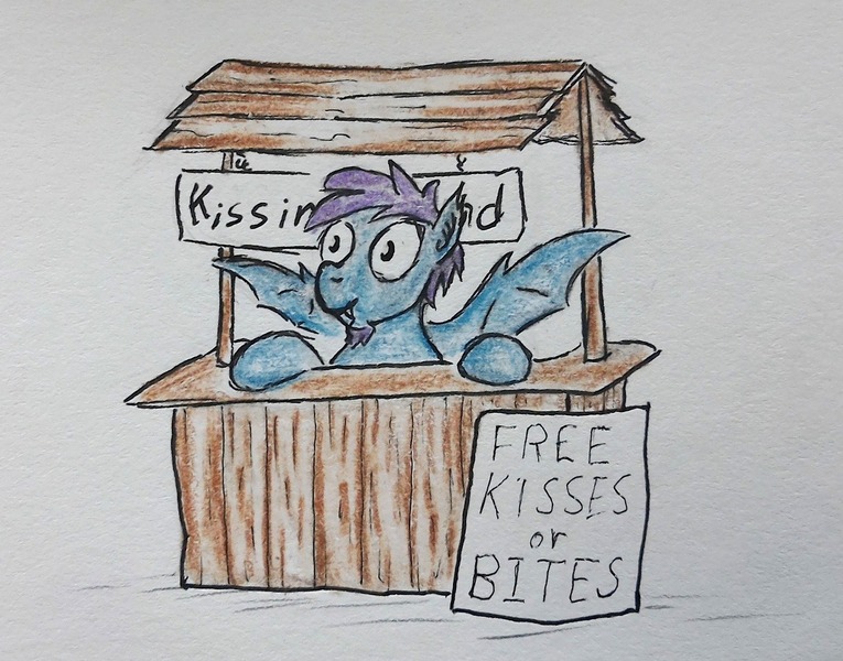 Size: 1280x1004 | Tagged: safe, artist:bitgamer, derpibooru import, oc, oc:quick draw, pony, vampire, vampony, bat wings, colored pencil drawing, facial hair, goatee, kissing booth, male, sign, solo, traditional art, wings