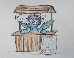 Size: 1280x1004 | Tagged: safe, artist:bitgamer, derpibooru import, oc, oc:quick draw, pony, vampire, vampony, bat wings, colored pencil drawing, facial hair, goatee, kissing booth, male, sign, solo, traditional art, wings