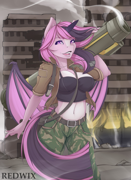 Size: 4000x5500 | Tagged: suggestive, artist:redwix, derpibooru import, oc, oc:battica, unofficial characters only, anthro, bat pony, absurd resolution, bat pony oc, bat wings, big breasts, black lipstick, breasts, building, camouflage, city, cleavage, clothes, dog tags, female, fire, horn, lipstick, midriff, open mouth, pants, rocket launcher, ruins, sign of the horns, solo, solo female, weapon, wings