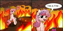 Size: 4096x2048 | Tagged: safe, artist:lupiarts, artist:snoopystallion, derpibooru import, sweetie belle, pony, unicorn, blatant lies, chair, chest fluff, collaboration, comic sins, cup, cutie mark, derp, digital art, female, filly, fire, gunshow, hat, meme, ponified meme, room, smiling, smoke, solo, speech bubble, table, teacup, the cmc's cutie marks, this is fine