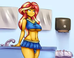 Size: 1952x1515 | Tagged: suggestive, artist:drizziedoodles, artist:reiduran, color edit, derpibooru import, edit, edited edit, editor:lanceomikron, sunset shimmer, equestria girls, bathroom, belly button, breasts, busty sunset shimmer, cheerleader, cheerleader outfit, clothes, colored, confident, female, freckles, midriff, miniskirt, misleading thumbnail, mobile phone, phone, pleated skirt, sexy, sink, skirt, smartphone, smiling, smirk, solo, solo female, stupid sexy sunset shimmer, thighs, underboob