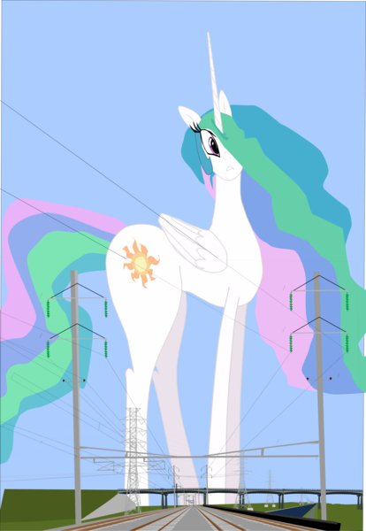 Size: 2113x3063 | Tagged: safe, artist:oceanrailroader, derpibooru import, princess celestia, alicorn, pony, giant pony, giantlestia, macro, solo, train tracks