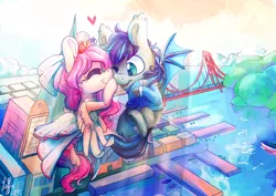 Size: 3536x2500 | Tagged: safe, artist:cutepencilcase, artist:leffie, derpibooru import, oc, oc:midnight aegis, oc:peach hack, bat pony, pegasus, pony, boop, clothes, dress, female, flying, happy, heart, love, male, marriage, married couple, peagis, san francisco, straight, tuxedo, wedding dress