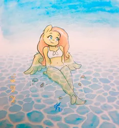 Size: 2749x2950 | Tagged: adorasexy, anthro, artist:katputze, barefoot, belly button, bikini, clothes, cute, derpibooru import, feet, female, fluttershy, mare, pegasus, plantigrade anthro, safe, sexy, shyabetes, solo, swimsuit, traditional art, white swimsuit