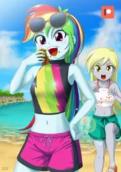 Size: 707x1000 | Tagged: safe, artist:uotapo, derpibooru import, derpy hooves, rainbow dash, equestria girls, equestria girls series, armpits, beach, belly button, clothes, cloud, cute, dashabetes, derpabetes, eating, feet, female, food, hand on hip, midriff, muffin, ocean, open mouth, patreon, patreon logo, sand, sandals, shorts, sky, sunglasses, swimsuit, this will end in muffins, water