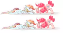 Size: 1111x578 | Tagged: safe, artist:pinkablue, derpibooru import, pinkie pie, rainbow dash, earth pony, pegasus, pony, :p, blushing, cute, face down ass up, female, hoof on cheek, lesbian, lidded eyes, looking at each other, lying down, mare, pinkiedash, shipping, silly, simple background, smiling, sweat, tongue out, white background