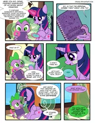 Size: 1275x1650 | Tagged: safe, artist:dsana, derpibooru import, spike, twilight sparkle, twilight sparkle (alicorn), alicorn, dragon, pony, comic:the shadow shard, book, book cover, comic, cover, dialogue, drawing, duo, female, friendship express, male, mare, train