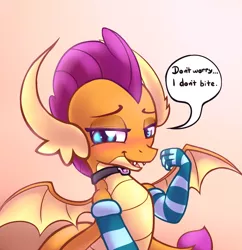 Size: 1280x1322 | Tagged: arm warmers, artist:heavymetalbronyyeah, blushing, clothes, collar, cute, derpibooru import, dragon, dragoness, evening gloves, fangs, female, gloves, lidded eyes, long gloves, looking at you, safe, smolder, smolderbetes, solo, speech bubble