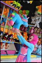 Size: 3456x5184 | Tagged: artist:krazykari, clothes, cosplay, costume, derpibooru import, human, irl, irl human, photo, pinkie pie, plushie, safe, solo