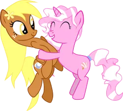 Size: 1428x1296 | Tagged: safe, artist:chipmagnum, derpibooru import, oc, oc:cotton candy, oc:windancer, unofficial characters only, pegasus, pony, unicorn, female, hug, mare, simple background, transparent background