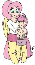 Size: 520x972 | Tagged: safe, artist:heretichesh, derpibooru import, oc, oc:arbor, oc:ivy, unofficial characters only, pegasus, pony, satyr, brother and sister, clothes, cute, female, flower, flower in hair, hug, male, miniskirt, offspring, parent:fluttershy, pleated skirt, ponytail, shorts, siblings, simple background, skirt, white background