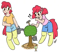 Size: 989x869 | Tagged: artist:heretichesh, brother and sister, clothes, derpibooru import, female, male, oc, oc:peach, oc:pear, offspring, parent:apple bloom, safe, sapling, satyr, shovel, siblings, simple background, tree, unofficial characters only, watering can, white background
