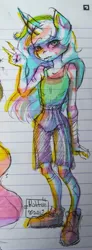 Size: 1408x3825 | Tagged: alicorn, alicorn oc, anthro, anthro oc, artist:rottengotika, bandage, derpibooru import, highlighter, horn, lined paper, notebook, oc, oc:star nebula moon, peace sign, ribs, safe, skinny, solo, sports outfit, traditional art, unofficial characters only, wings