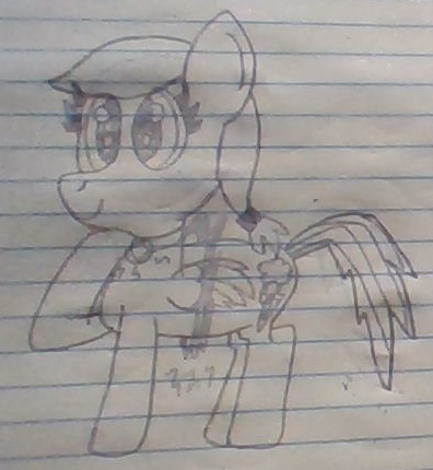 Size: 396x430 | Tagged: safe, artist:nightshadowmlp, derpibooru import, rainbow dash, oc, oc:snowfall wind, pony, secrets and pies, disguise, evil pie hater dash, jewelry, lineart, lined paper, necklace, smiling, solo, traditional art