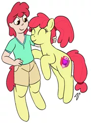 Size: 1047x1415 | Tagged: safe, artist:heretichesh, derpibooru import, apple bloom, oc, oc:pear, earth pony, human, pony, satyr, clothes, cutie mark, family, female, happy, male, mother and child, mother and son, offspring, older, older apple bloom, parent:apple bloom, the cmc's cutie marks