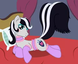 Size: 2598x2158 | Tagged: suggestive, artist:badumsquish, derpibooru import, shining armor, original species, pony, skunk, skunk pony, alternate cutie mark, alternate hair color, alternate hairstyle, bed, belt, blushing, choker, clothes, crossdressing, draw me like one of your french girls, eyeshadow, femboy, flirty, lingerie, looking at you, makeup, male, one eye closed, pillow, prone, raised tail, show accurate, smiling, socks, species swap, stallion, sultry pose, tail, trap, wink