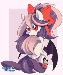 Size: 2327x2795 | Tagged: safe, artist:xwhitedreamsx, derpibooru import, oc, oc:sweet velvet, bat pony, pony, bat pony oc, bat wings, bow, clothes, cute, ear fluff, female, hair bow, hug, mane bow, mare, ocbetes, red eyes, socks, solo, stockings, tail hug, thigh highs, wings