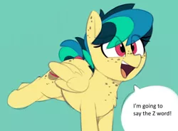 Size: 1852x1361 | Tagged: safe, artist:shinodage, derpibooru import, edit, oc, oc:apogee, unofficial characters only, pegasus, pony, adorkable, blue background, body freckles, bucking, butt freckles, chest fluff, chest freckles, cute, dialogue, dork, ear freckles, excited, exploitable meme, female, filly, freckles, happy, i'm going to say the z word, imminent racism, meme, mom! meme, mrs celestia get down, mrs zecora get down, ocbetes, open mouth, proud, racism, raised leg, simple background, smiling, solo, speech bubble, tail wrap, teenager, text, vulgar