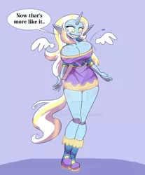 Size: 800x968 | Tagged: dead source, suggestive, artist:peribooty, derpibooru import, trixie, human, equestria girls, abstract background, alternate hairstyle, breast expansion, breasts, busty trixie, cleavage, clothes, deviantart watermark, dialogue, dress, erect nipples, female, floating wings, full body, growth, horn, horned humanization, humanized, incentive drive, jacket, long ears, nipple outline, obtrusive watermark, pointed ears, shoes, smiling, solo, solo female, speech bubble, standing, tail, tailed humanization, teeth, thighs, watermark, winged humanization, wings
