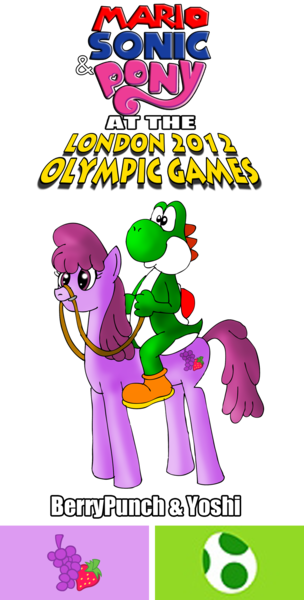 Size: 1012x2000 | Tagged: safe, artist:zefrenchm, derpibooru import, berry punch, berryshine, dinosaur, earth pony, pony, yoshi, crossover, london 2012, mario & sonic, mario & sonic at the london 2012 olympic games, mario & sonic at the olympic games, mario and sonic, mario and sonic at the olympic games, nintendo, pony ride, riding, riding a pony, super mario bros., team