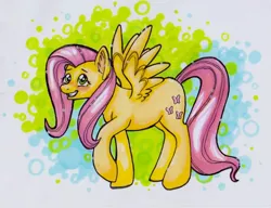 Size: 1064x818 | Tagged: safe, artist:mylittlerainbowtail, derpibooru import, fluttershy, pegasus, pony, cute, female, mare, raised hoof, shyabetes, smiling, solo, traditional art, wings