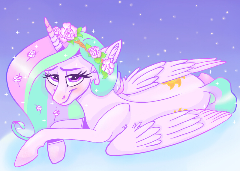 Size: 1400x1000 | Tagged: safe, artist:mylittlerainbowtail, derpibooru import, princess celestia, alicorn, pony, beautiful, both cutie marks, cute, cutelestia, female, flower, flower in hair, looking at you, lying down, mare, night, sky, smiling, solo, stars, wings, wreath