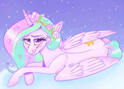 Size: 1400x1000 | Tagged: safe, artist:mylittlerainbowtail, derpibooru import, princess celestia, alicorn, pony, beautiful, both cutie marks, cute, cutelestia, female, flower, flower in hair, looking at you, lying down, mare, night, sky, smiling, solo, stars, wings, wreath