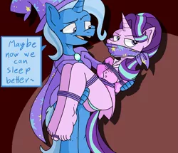 Size: 3425x2952 | Tagged: suggestive, artist:gagpal3, derpibooru import, starlight glimmer, trixie, anthro, plantigrade anthro, road to friendship, annoyed, arm behind back, barefoot, blue underwear, bondage, bound and gagged, breasts, bridal carry, cape, carrying, cleavage, cloth gag, clothes, feet, female, females only, femsub, gag, hat, lesbian, open mouth, panties, panty shot, rope, rope bondage, shibari, shipping, shirt, starlight is not amused, startrix, submissive, toe tied, toes, trixie's cape, trixie's hat, unamused, underwear