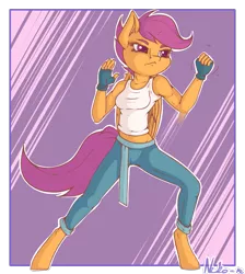 Size: 1073x1200 | Tagged: action pose, anthro, apple bloomers, artist:neko-me, breasts, busty scootaloo, clothes, derpibooru import, female, fingerless gloves, gloves, midriff, older, pants, safe, scootaloo, smiling, solo, tanktop, unguligrade anthro