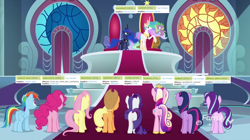 Size: 1920x1080 | Tagged: safe, derpibooru import, edit, edited screencap, screencap, applejack, fluttershy, pinkie pie, princess cadance, princess celestia, princess luna, rainbow dash, rarity, spike, starlight glimmer, twilight sparkle, twilight sparkle (alicorn), alicorn, dragon, earth pony, pegasus, pony, unicorn, derpibooru, school raze, applebutt, back of head, balloonbutt, butt, canterlot castle, canterlot throne room, ethereal mane, female, flutterbutt, flying, glimmer glutes, hoof shoes, line-up, lovebutt, male, mane eight, mane seven, mane six, mane six plots, mare, meta, moonbutt, plot, plot line, plotline, rainbutt dash, rearity, sunbutt, tags, throne, throne room, twibutt, winged spike