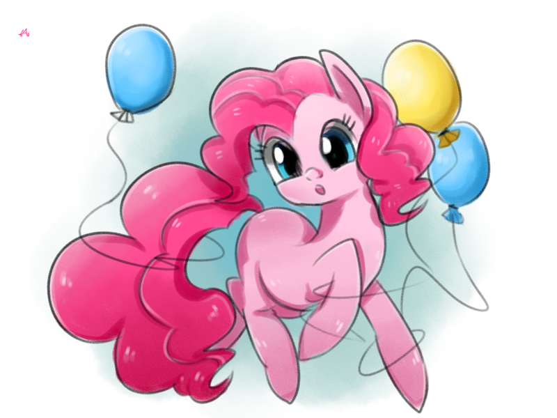 Size: 1024x768 | Tagged: safe, artist:kkuyo, derpibooru import, pinkie pie, pony, :o, balloon, cute, diapinkes, missing cutie mark, open mouth, solo