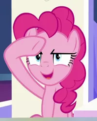 Size: 395x493 | Tagged: safe, derpibooru import, screencap, pinkie pie, earth pony, pony, sparkle's seven, cropped, female, mare, open mouth, raised hoof, solo
