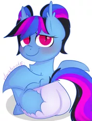 Size: 678x887 | Tagged: safe, artist:donutnerd, derpibooru import, oc, oc:krystal gypsy, unofficial characters only, bat pony, pony, blushing, chest fluff, diaper, ear fluff, female, looking at you, mare, rear view, solo, wings